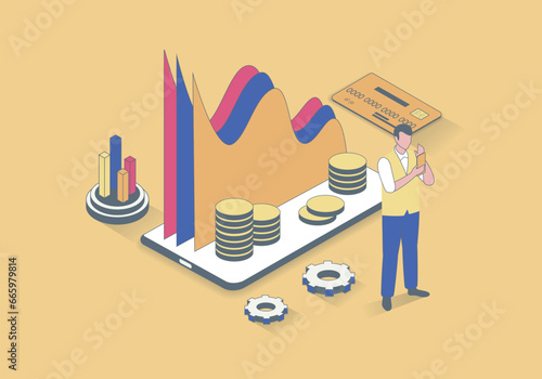Finance concept in 3d isometric design. Man doing financial accounting and money management, analyzing data graphs and charts of account. Vector illustration with isometry people scene for web graphic