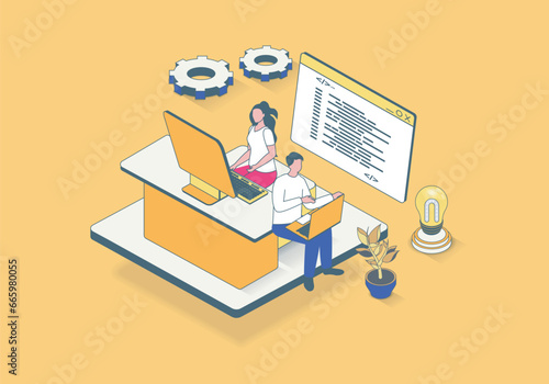 Software programming concept in 3d isometric design. Developer team work with code, testing computer programs and making optimization. Vector illustration with isometry people scene for web graphic