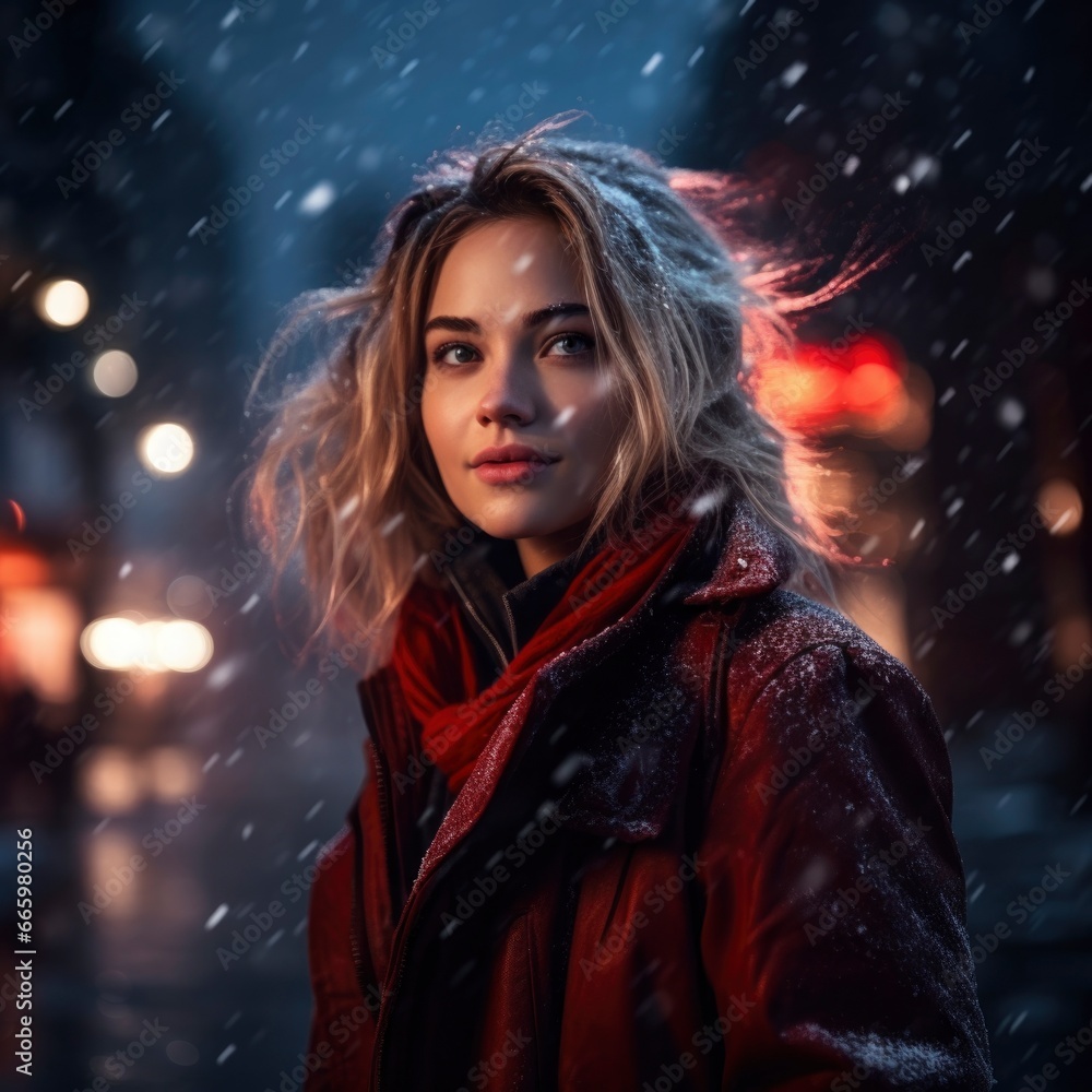 A fictional woman in red standing in the rain on a winter night. A fictional woman in red standing in the rain on a winter night.