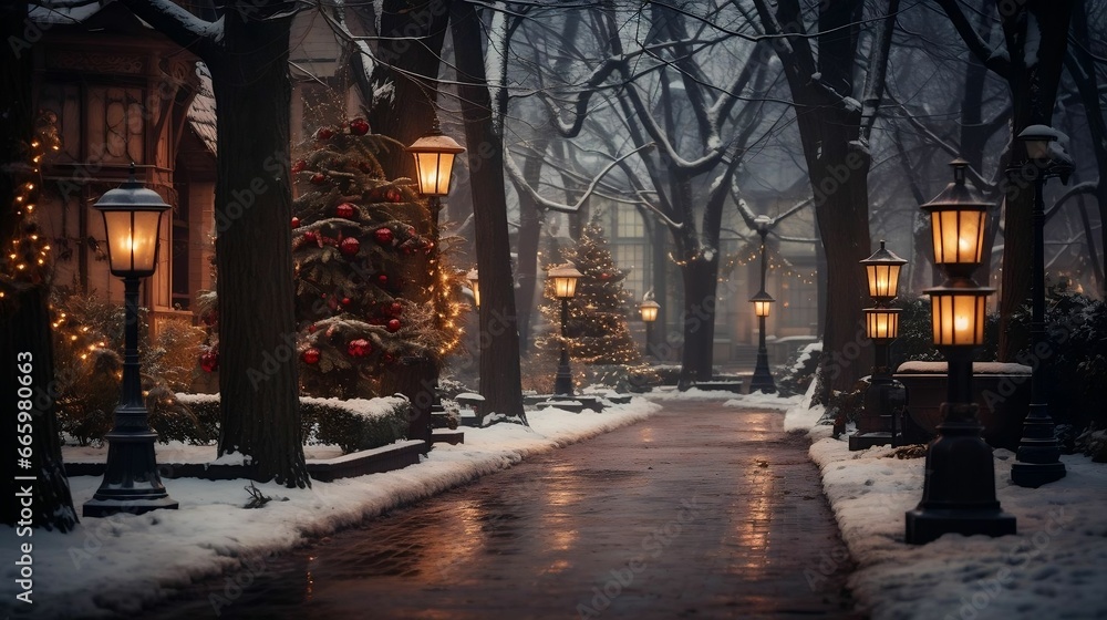 A cozy, neighborhood street softly lit with luminaries
