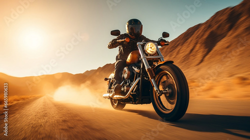 Custom motorbike biker rider on blurred desert road © BeautyStock