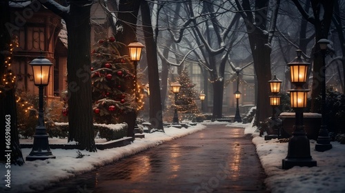 A cozy, neighborhood street softly lit with luminaries 