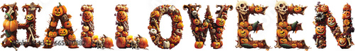 La palabra Halloween escrita con letras formadas con calabazas y huesos y con fondo transparente