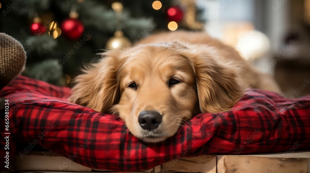 A dog nestled in a bed of cozy holiday pillows

