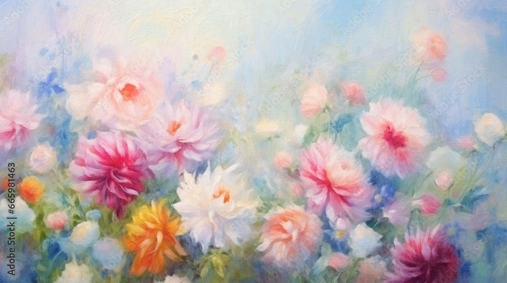 Sfumato oil painting of colorful blooming dahlia flowers, impressionism, canvas texture, beautiful artistic image for poster, wallpaper, art print