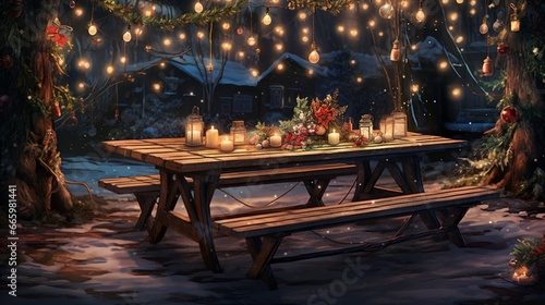 A winter picnic table, set with holiday treats, softly illuminated by strings of delicate Christmas lights, perfect for a festive meal.
