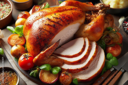 Oven roasted turkey breast thinly sliced with side dishes