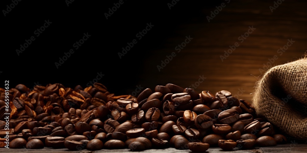coffee beans on wood table, landscape banner with copy space, classic and clean, professional food photography, close up