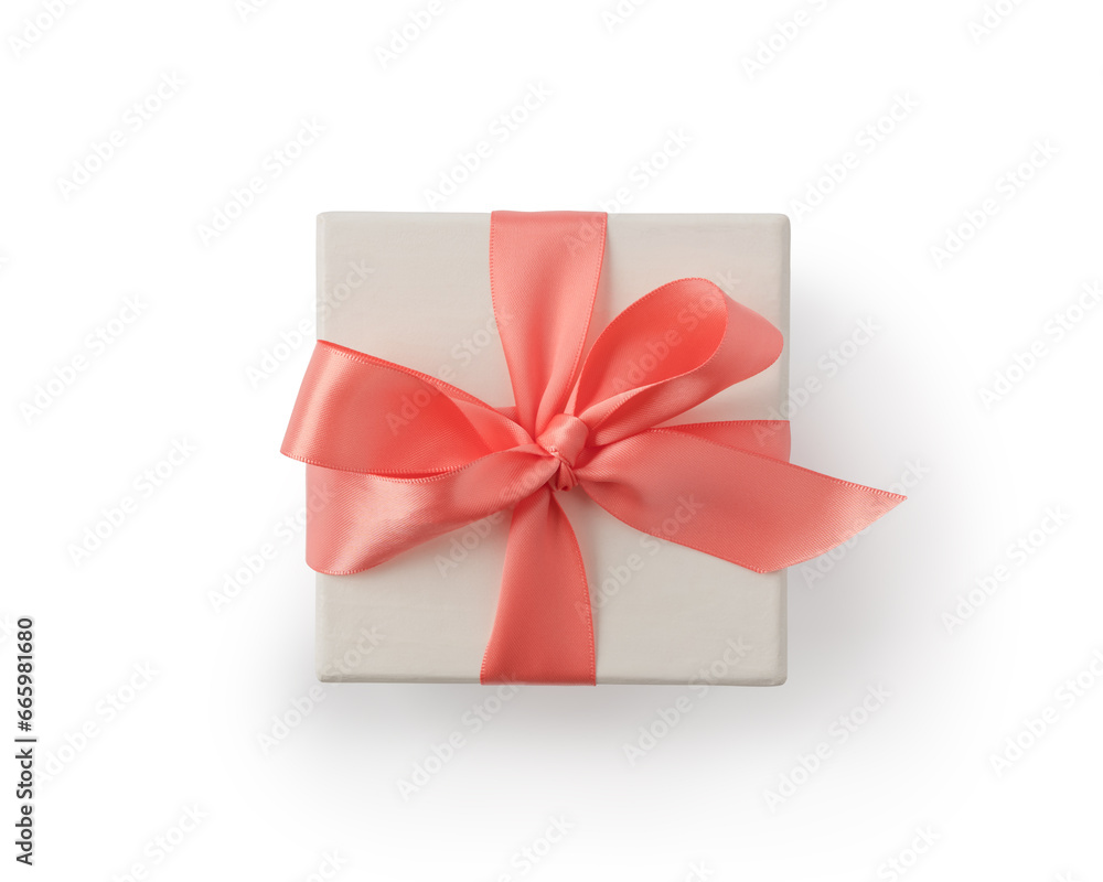 Top view of gift box with pink ribbon bow isolated on white
