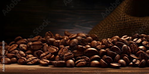 coffee beans on wood table, landscape banner with copy space, classic and clean, professional food photography, close up © Mockup Lab