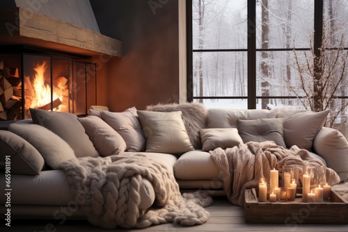 Cozy warm modern interior with fireplace and sofa, warm colors.