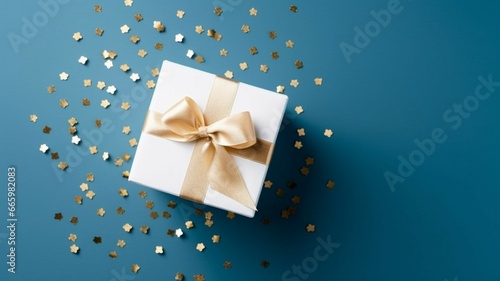 White gift box with golden ribbon bow on blue background with confetti, Christmas present, valentine day surprise, birthday concept, Flat lay, top view