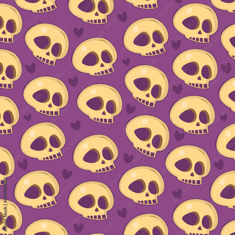 Obraz premium Vector pattern with skulp and bones and hearts on violet background. Element for horror design, Halloween celebrated concept.