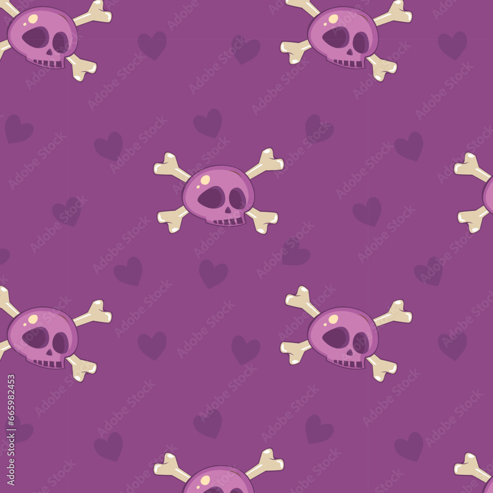 Vector pattern with skulp and bones and eyes on violet background. Element for horror design, Halloween celebrated concept.