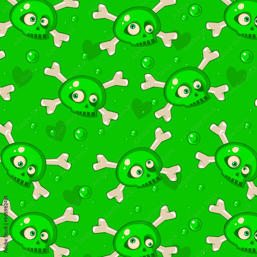 Vector pattern with skulp and bones on green background. Element for horror design, Halloween celebrated concept. Vector pattern with skulp and bones on green background. Element for horror design, Halloween celebrated concept.