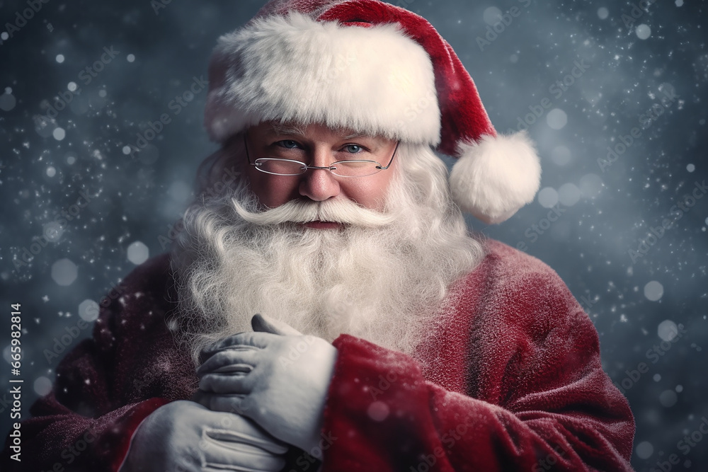 A santa claus, saint nicholas close up photo, red and white, night photo with snowfall, joy and happiness postcard A santa claus, saint nicholas close up photo, red and white, night photo with snowfall, joy and happiness postcard