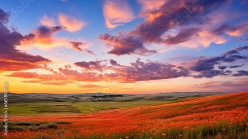 An expansive prairie with rolling hills and a colorful sky.