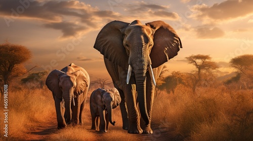 A family of elephants walking through an African savanna.