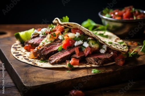 Delicious grilled beef taco on homemade tortilla. Generative AI