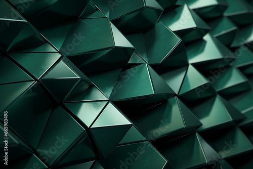 Futuristic wall made of triangular, polished green blocks in a 3D arrangement. Rendered image. Generative AI