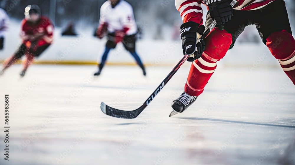 Naklejka premium Hockey players in action on an outdoor skating rink.