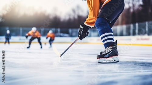 Hockey players in action on an outdoor skating rink.