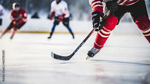 Hockey players in action on an outdoor skating rink.