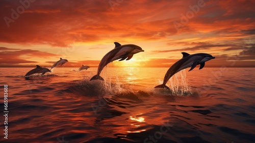 A pod of dolphins leaping out of the ocean at dawn.