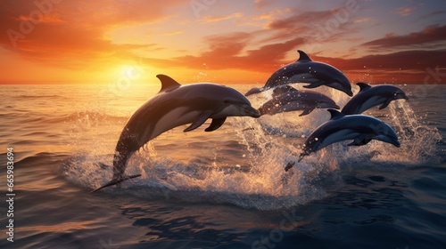 A pod of dolphins leaping out of the ocean at dawn. © Ai Studio