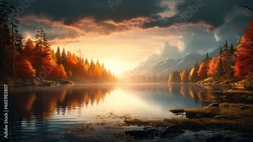 A serene lake surrounded by autumnal forest at sunrise.
