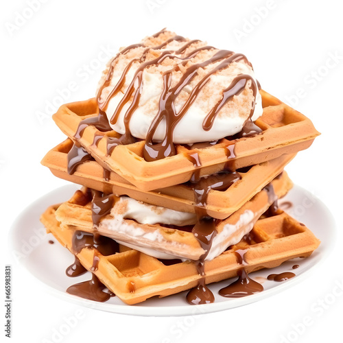 stack of waffles with ice cream and syrup topping isolated on transparent background. Waffles with iceam transparent background. Png waffles with ice cream 