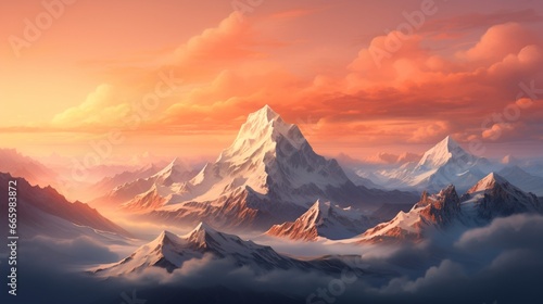 A snowy mountain range bathed in the orange glow of sunset.
