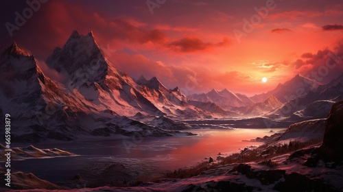 A snowy mountain range bathed in the orange glow of sunset.