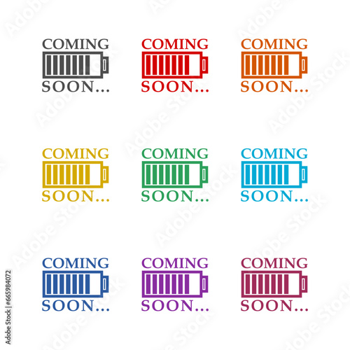 Coming soon battery icon isolated on white background. Set icons colorful