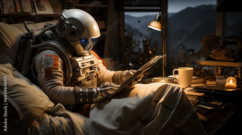 Astronaut Enjoying a Late-Night Read in Bed