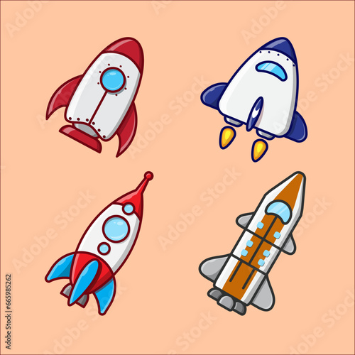 Set of vector illustrations of rocket and spaceship