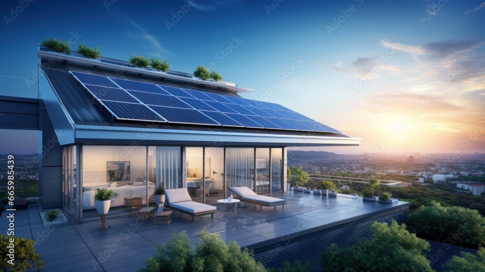 Solar panel on the roof top of modern house, Green energy and in the modern housing innovation.