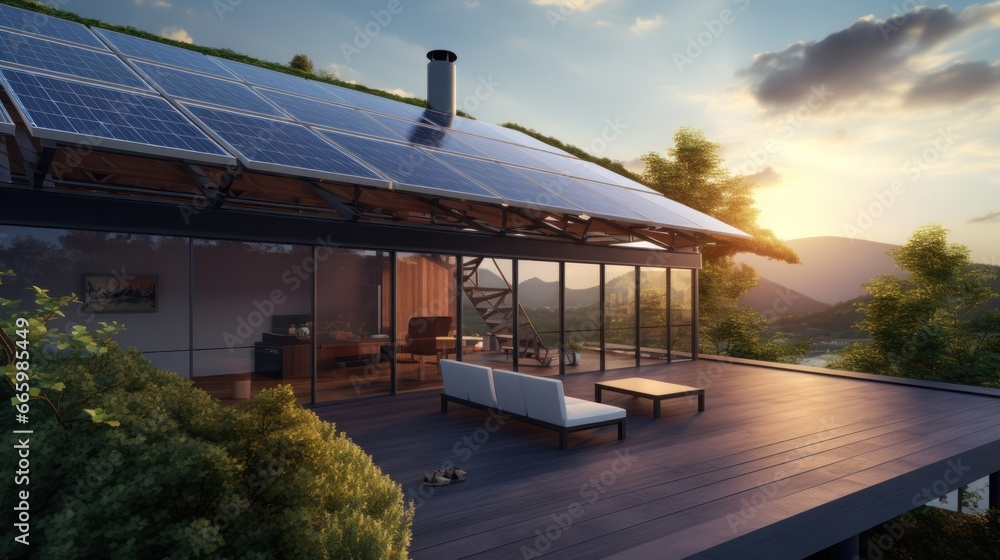 Obraz premium Solar panel on the roof top of modern house, Green energy and in the modern housing innovation.