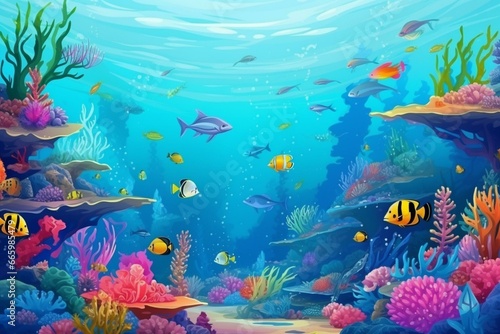 Vibrant ocean view with colorful fishes and underwater animals. Generative AI © Renata
