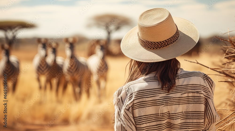 Woman wearing adventurer outfit and hat on African safari. Blurred savanna in background