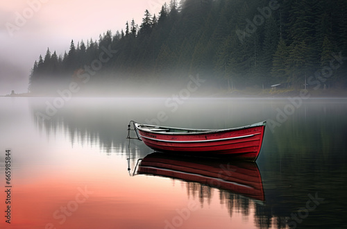 Red boat on a foggy morning lake with mountains in the background
