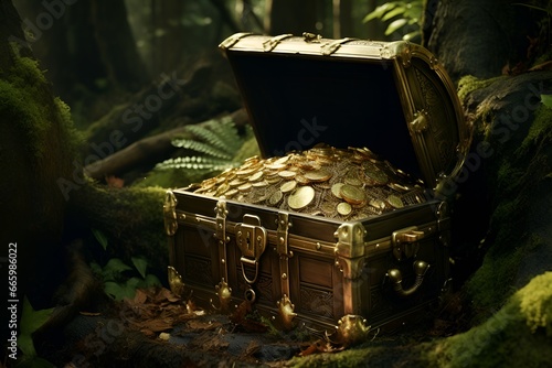 Unlocking Hidden Treasures, Box full of treasure in the middle of the forest,treasure i the middle of the forest