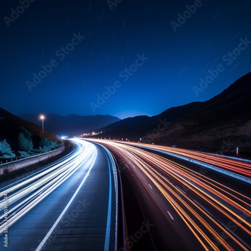 Long exposure night shot of a highway Blurred lights streak across the frame, creating a dynamic and energetic atmosphere