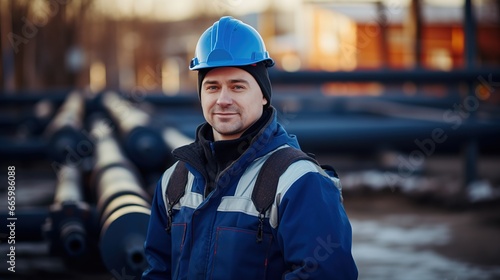 Worker man in dark blue builders jacket and hard hat helmet, blurred pipes background, cold winter atmosphere. Natural gas pipeline engineer