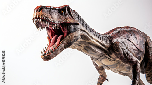 An extreme close up view of an ominous T-Rex dinosaur