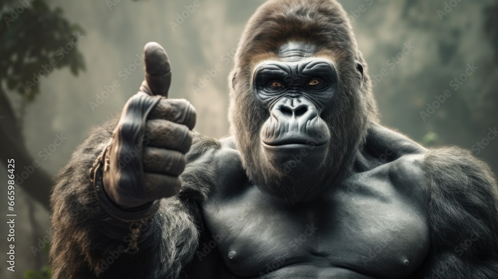 Portrait of friendly gorilla making thumbs up.