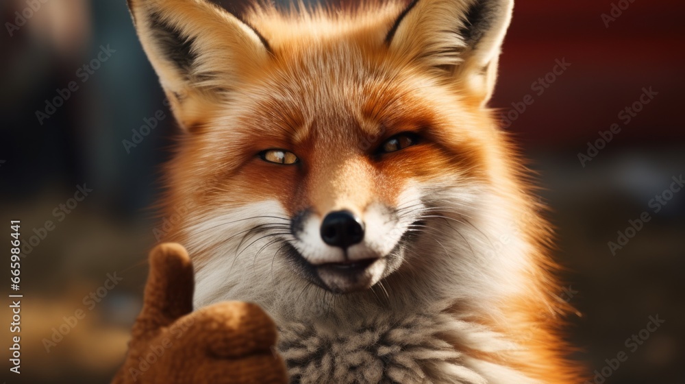 Fototapeta premium Portrait of friendly fox making thumbs up.