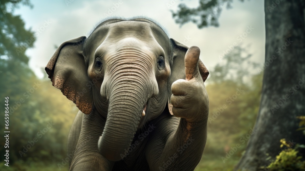 Portrait of friendly elephant making thumbs up.