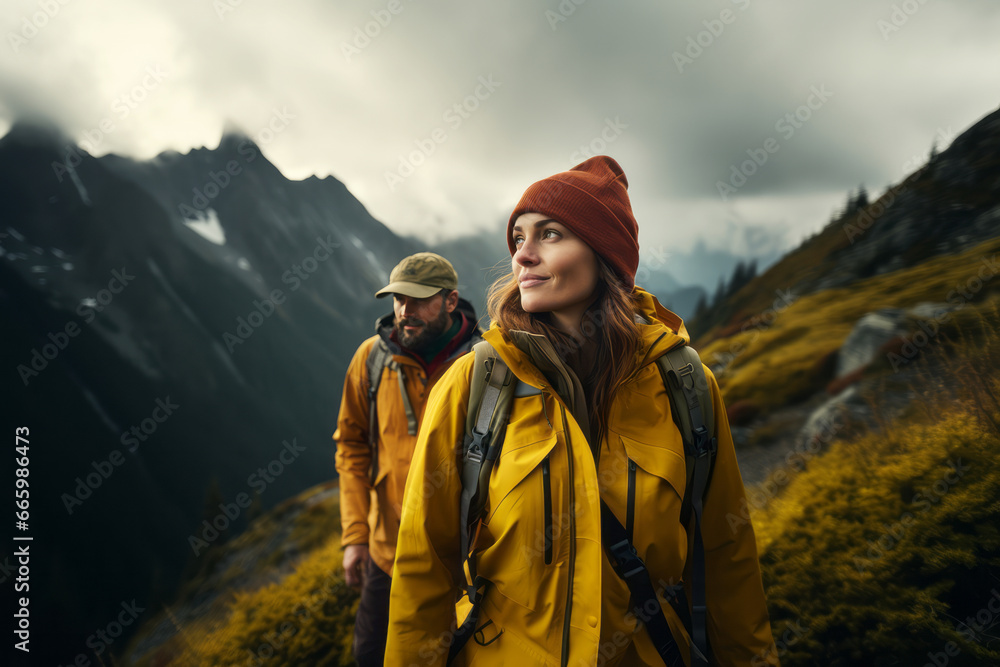 Happy young couple of tourists against the backdrop of stunning mountain landscape. Cheerful hikers in modern bright outfits with backpacks walking along mountain path. Active sports and travel.