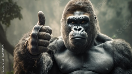 Portrait of friendly gorilla making thumbs up.